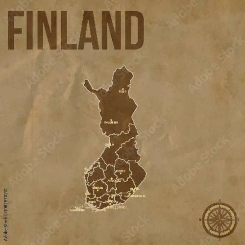 Vintage FINLAND Map with Regions Borders and Major Cities Positions