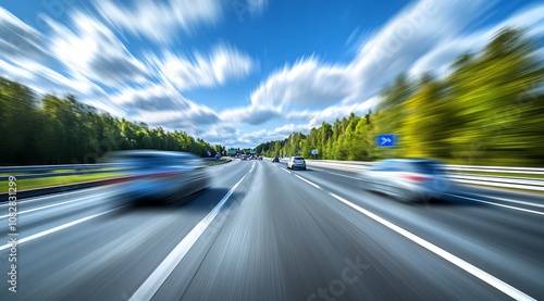 Dynamic Motion Blur on a Busy Highway Through Verdant Forest Under Blue Skies : Generative AI