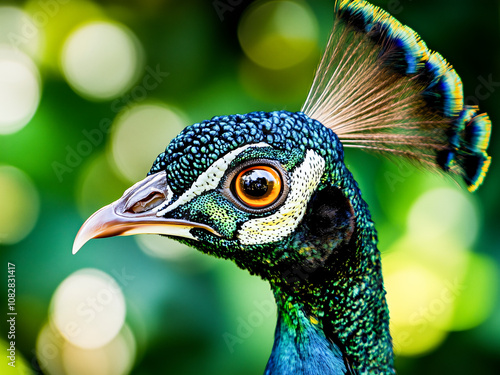 Close-up portrait of a vibrant peacock with brilliant blue and green feathers, illuminated by a warm bokeh background. photo