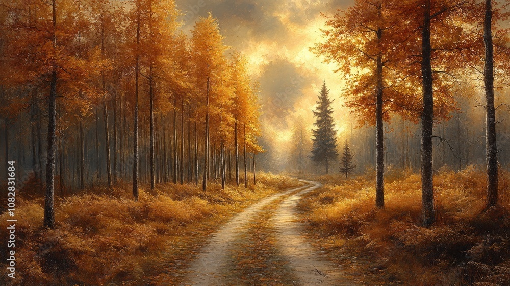 Obraz premium A serene autumn landscape with golden foliage and a winding path through the trees.