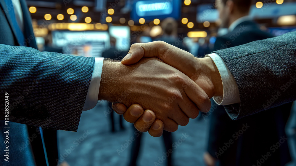 Two hands shake firmly in a busy, blurred background setting. Concept of partnership and agreement.