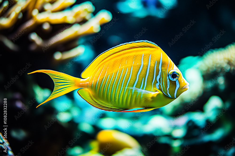 A vibrant tropical fish with striking orange, yellow, and blue hues swimming near coral reefs in a clear, blue underwater environment. A vibrant tropical fish with striking orange, yellow, and blue hues swimming near coral reefs in a clear, blue underwater environment.