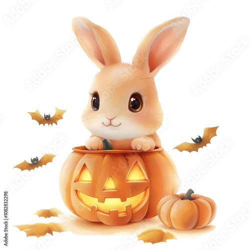 cute rabbit peeks out of glowing jack o lantern surrounded by small bats and pumpkins, creating charming Halloween scene