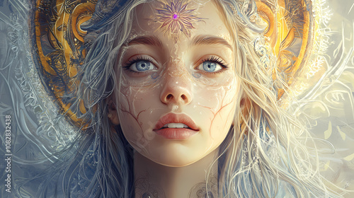 A detailed portrait of a young woman with divine features and symbolic markings. Divine. Illustration