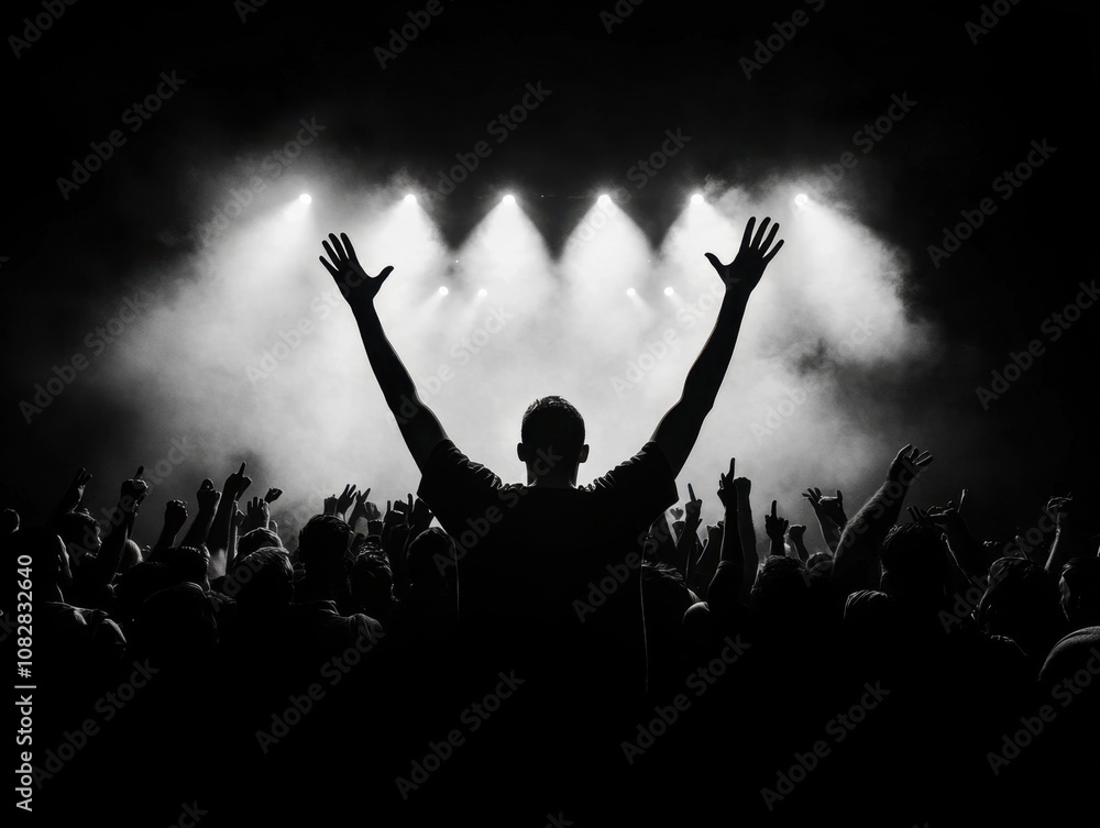 Silhouette of a crowd in exciting concert atmosphere with bright stage lights Silhouette of a crowd in exciting concert atmosphere with bright stage lights