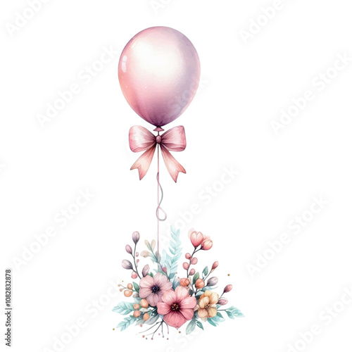 A colorful hot air balloon with ribbons, by delicate leaves and flowers in a serene and whimsical design