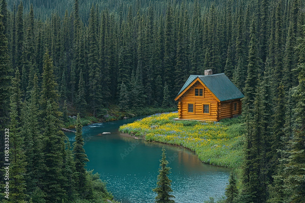 Remote cabin by pristine lake in lush pine forest Remote cabin by pristine lake in lush pine forest