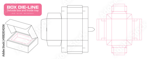 Folded Box die line, no glue needed box. Includes outside box and inside tray. Steady foldable. Instruction line cut template for packaging design with lid