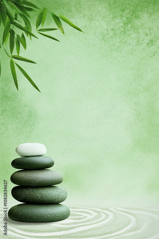 Tranquil Zen garden with stacked stones and bamboo creating a serene atmosphere in muted green tones Tranquil Zen garden with stacked stones and bamboo creating a serene atmosphere in muted green tones