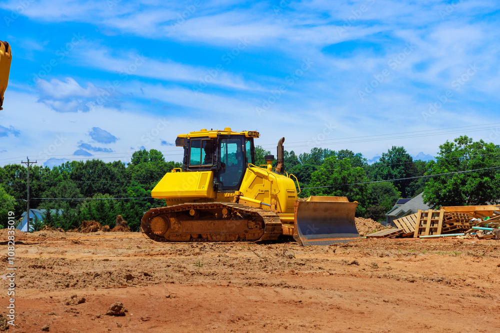 Bulldozer is clearing dirt on a construction site, surrounded by green trees equipment is preparing land for future developments. Bulldozer is clearing dirt on a construction site, surrounded by green trees equipment is preparing land for future developments.