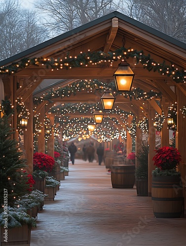 Enchanting Illuminated Pathway at Christmas Market with Traditional Decor : Generative AI