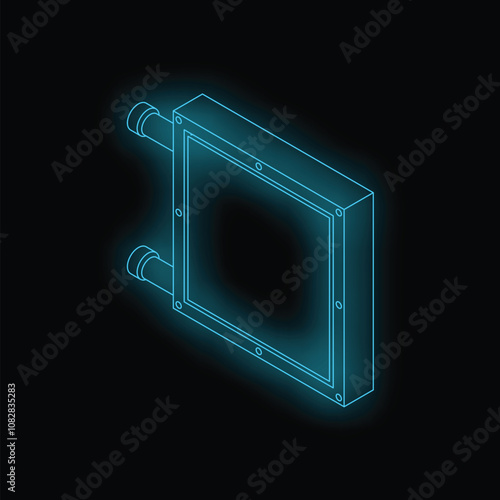 Neon glowing blue square on black background representing modern technologies, data transmission and processing