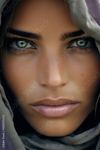 Close-up portrait of a woman with green eyes and a scarf.