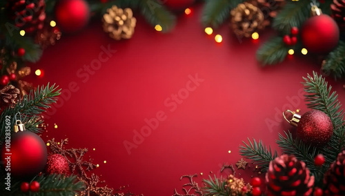 A festive holiday frame featuring red and green decorations, including pine branches, ornaments, and stars against a vibrant red background. 