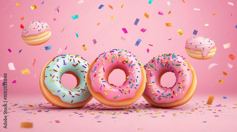 Happy cartoon donuts with sprinkles celebrating with confetti on pink background, children's party and candy bar invitation Happy cartoon donuts with sprinkles celebrating with confetti on pink background, children's party and candy bar invitation