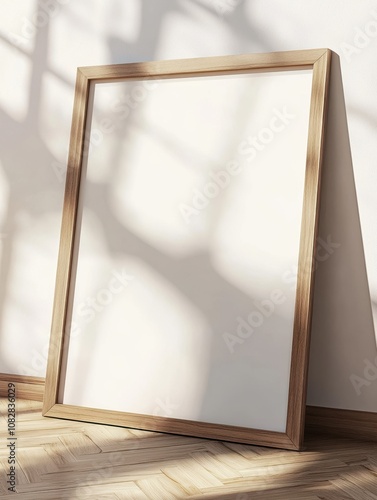 A wooden picture frame leans against a white wall on a herringbone floor, casting shadows in the sunlight
