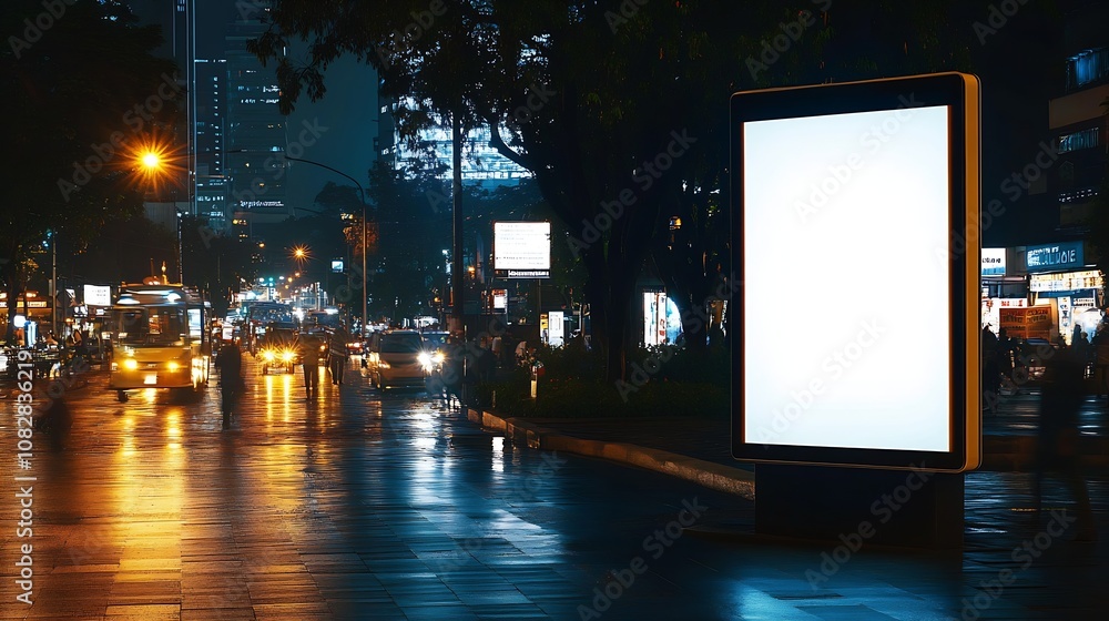 Illuminated Blank Digital Display on Bustling City Street at Night with Motion : Generative AI Illuminated Blank Digital Display on Bustling City Street at Night with Motion : Generative AI