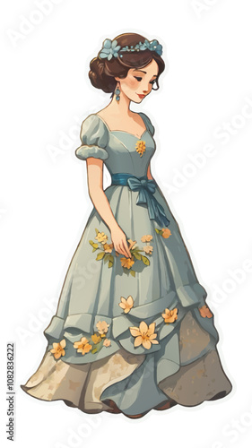 victorian young woman with flowers vector illustration