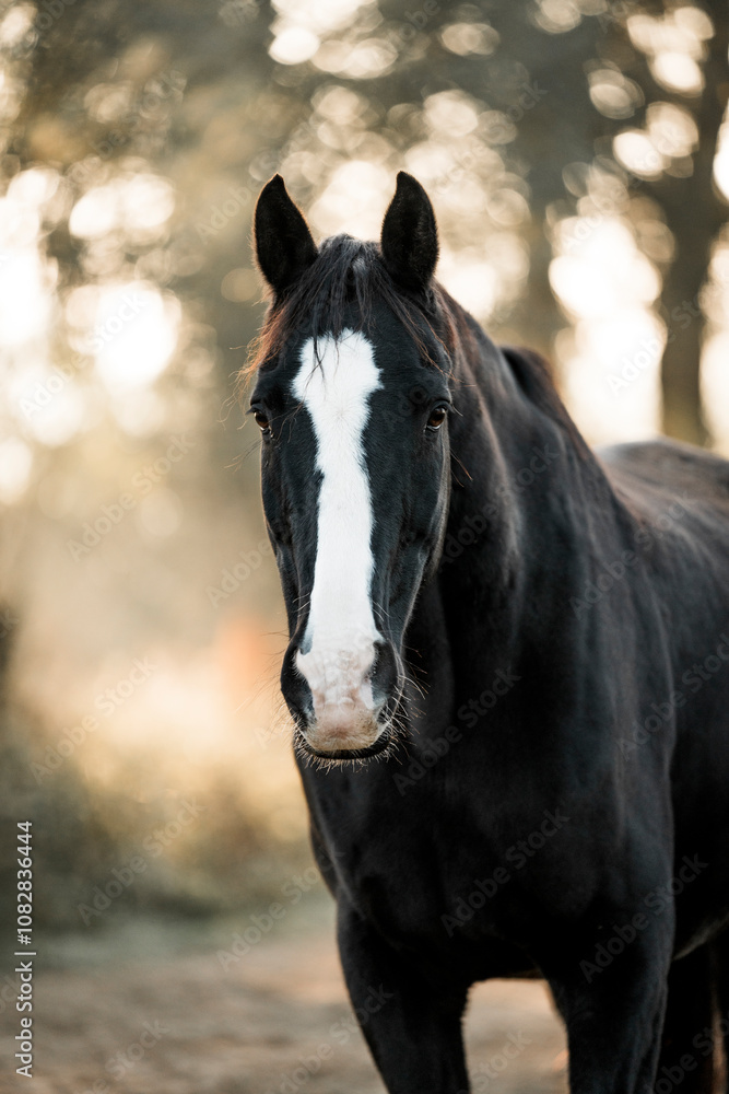 Obraz premium beautiful black sport horse with white blaze in paddock paradise equine pony pretty dark noble 