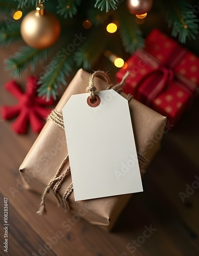 Mockup with blank hang tag label for Christmas gift box ribbon bow wrapping paper theme decor canva background backdrop holidays 