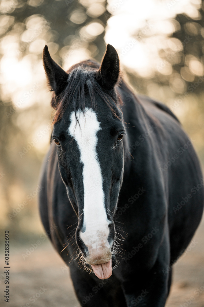 Obraz premium beautiful black sport horse with white blaze in paddock paradise equine pony pretty dark noble 