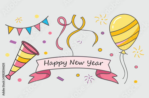 happy new year party elements collection black silhouette on white background