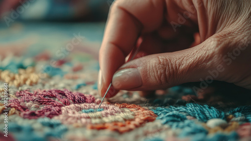 Close-Up of Hand Embroidering with Needle and Thread. Detailed Macro Shot of Needlework, Hand Made and Artisanal concept