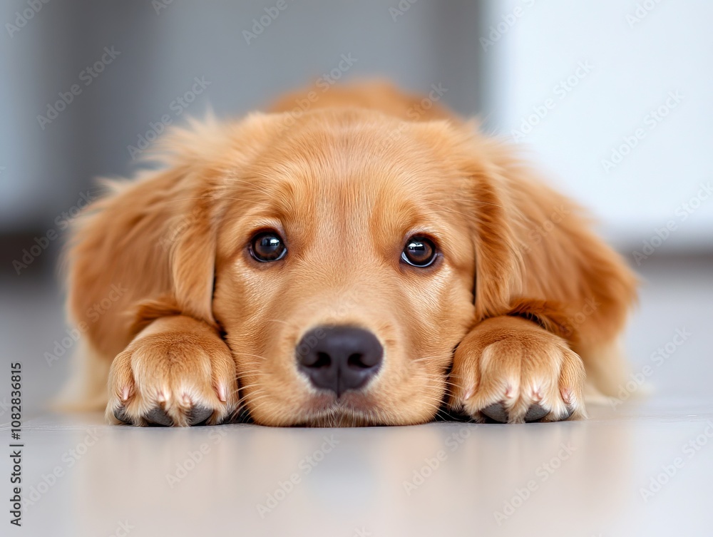 A golden retriever puppy laying on the floor with its head resting on its paws A golden retriever puppy laying on the floor with its head resting on its paws