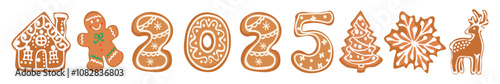 Gingerbread cookies with the numbers 2025, decorated with various designs, including deer, man, house, star. vector illustrations isolated on transparent background