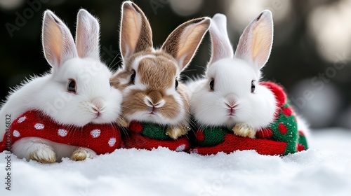 Three rabbits in sweaters sitting in the snow photo