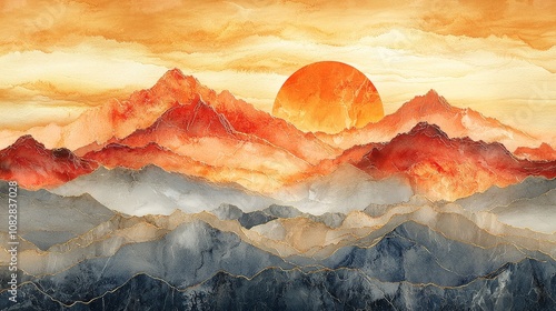 A vibrant sunset over mountains, showcasing warm colors and layered textures.