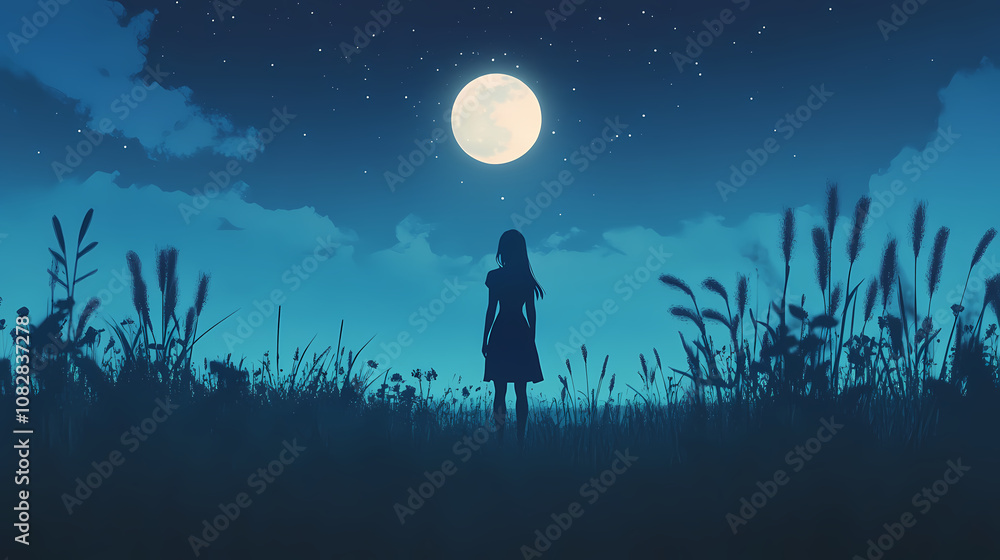 Silhouette of a woman standing in a field at night, gazing at the moon and stars, with a serene landscape in the background. Serene. Illustration Silhouette of a woman standing in a field at night, gazing at the moon and stars, with a serene landscape in the background. Serene. Illustration