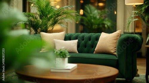 Cozy living room ambiance with a green sofa and natural decor creating a serene atmosphere