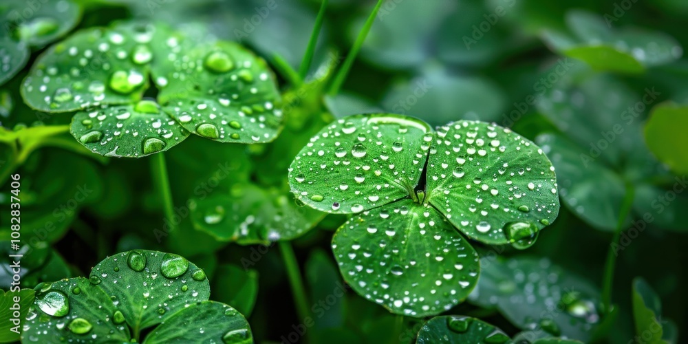 Green clover leaves covered in water droplets on a blurred green background, showcasing nature s beauty and freshness after rain Lush greenery evokes feelings of growth Green clover leaves covered in water droplets on a blurred green background, showcasing nature s beauty and freshness after rain Lush greenery evokes feelings of growth