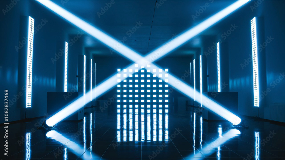 A futuristic scene of electric blue brilliance featuring a leaping male figure glowing X-shaped light beams and a mirrored floor in a high-tech symmetrical setting. A futuristic scene of electric blue brilliance featuring a leaping male figure glowing X-shaped light beams and a mirrored floor in a high-tech symmetrical setting.