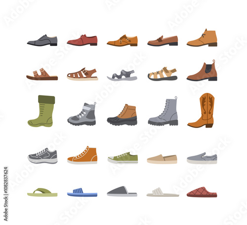 Men shoes for every season and occasion. Simple flat color icons for clothes shop. Male dress shoes, casual footwear, different sneakers, boots, sandals, slippers. Side view, isolated