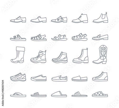 Men shoes for every season and occasion. Simple thin line icons for clothes shop. Male dress shoes, casual footwear, different sneakers, boots, sandals, slippers. Side view, editable stroke, isolated