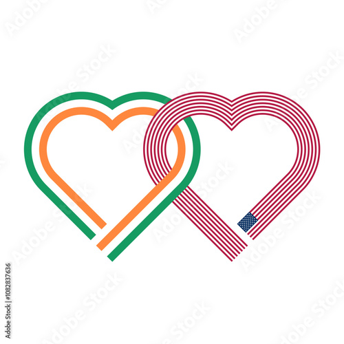 heart shaped ribbon of ireland and american flags intertwined. vector illustration isolated on white background