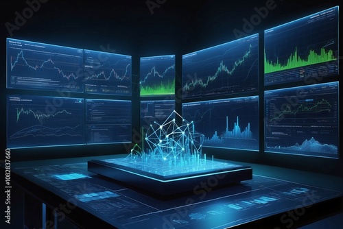 Futuristic Illustration of a Trader's Trading System Showcasing a Set of Rules, Quantitative Statistics, and Trading Volume Powered by Artificial Intelligence and Neural Networks