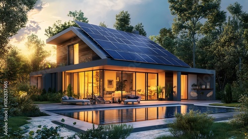 A family's sustainable home at dusk, softly lit by energy-efficient LED lights powered by home-installed solar panels, showcasing the practical, everyday applications of solar energy in residential ..