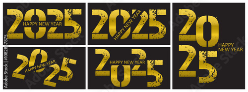 Set ot golden 2025 New Year logo. Holiday greeting card. Vector illustration. Holiday design for flyer, greeting card, invitation, calendar, etc. Vector illustration.