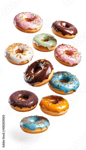 Assorted glazed donuts with colorful sprinkles and different flavors are falling against a white background, creating a tempting image of sweet treats.