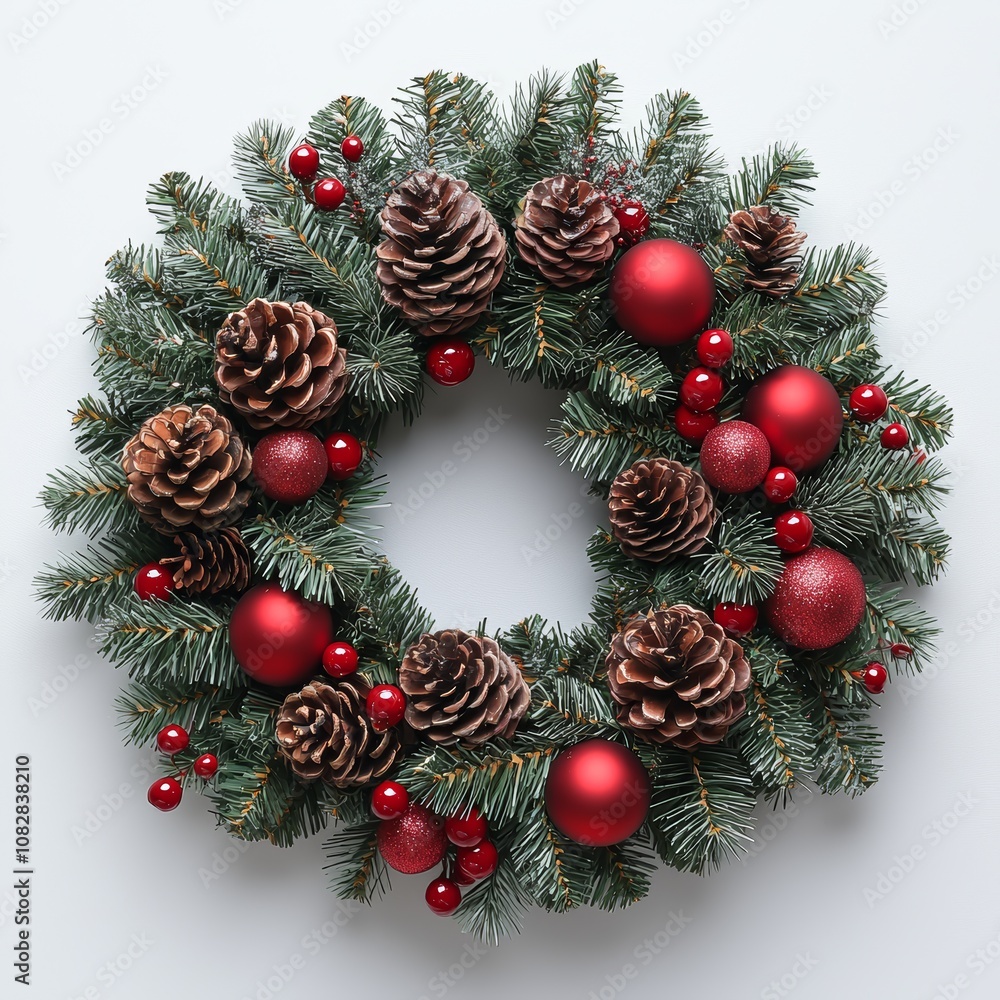 Festive Holiday Wreath with Red Ornaments and Pinecones Festive Holiday Wreath with Red Ornaments and Pinecones