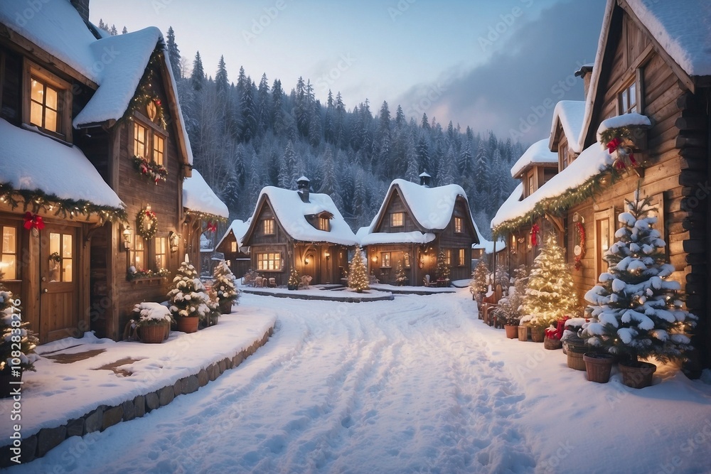 Fototapeta premium Fairy Tale Village with Cute Snow-Covered Houses Adorned with Christmas Lights