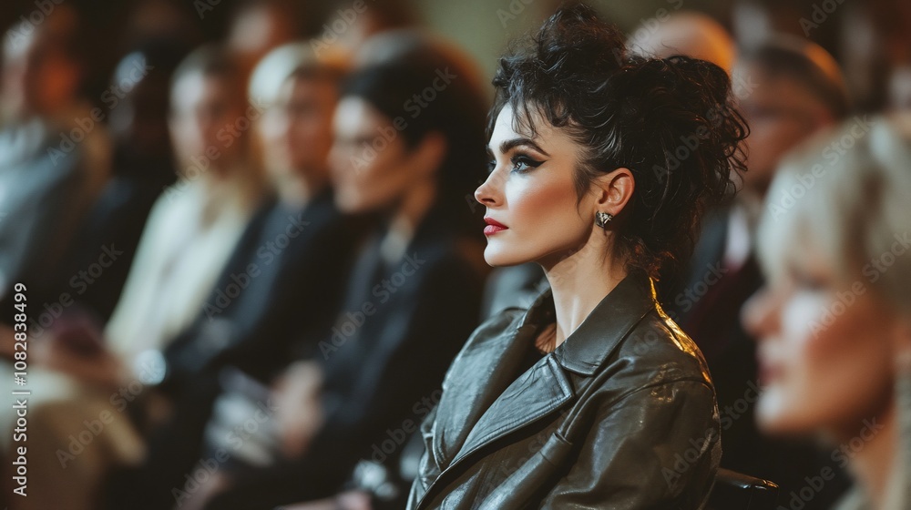 A woman with dark hair and a leather jacket sits among a crowd, looking intently at something off camera. A woman with dark hair and a leather jacket sits among a crowd, looking intently at something off camera.