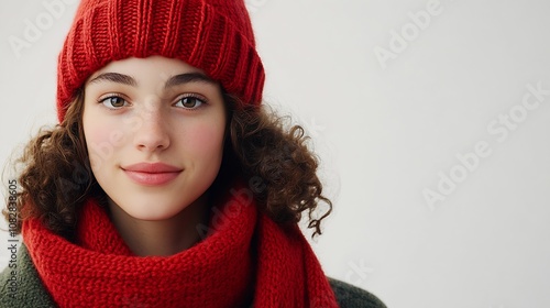 Smiling Girl In Red Winter Apparel With Knit Hat And Scarf Ready For Cold Season : Generative AI