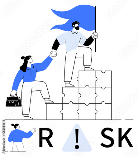 Businesswoman with briefcase being helped up by a colleague holding flag, climbing puzzle block stairs. Ideal for teamwork, leadership, risk management, collaboration, guidance, motivation, success