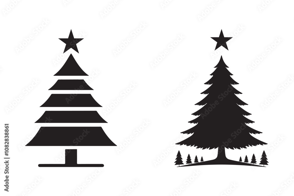 Fototapeta premium Minimalist Christmas Tree Icon Set, Silhouette with Star