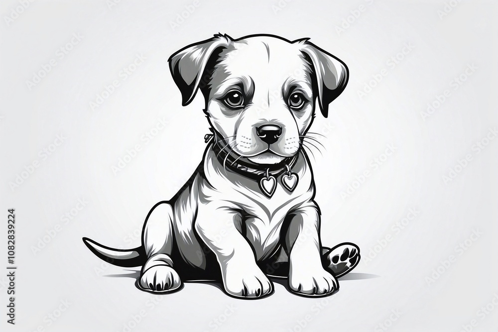 Fototapeta premium Minimalist Black and White Drawing of a Puppy on White , for Tattoos and Logos