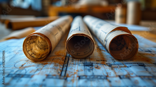 Architectural projects scrolls on a table.  photo